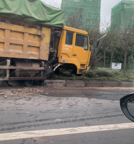 啥子情况哦？自贡一大货车居然开上花台了-2.jpg