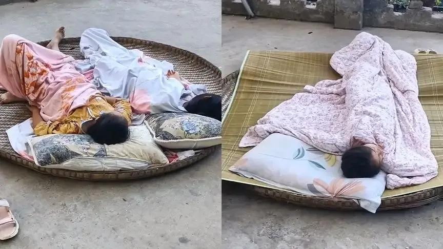 重庆：男子一家用大簸箕当床露天睡觉，自带天然空调：童年回忆-1.jpg