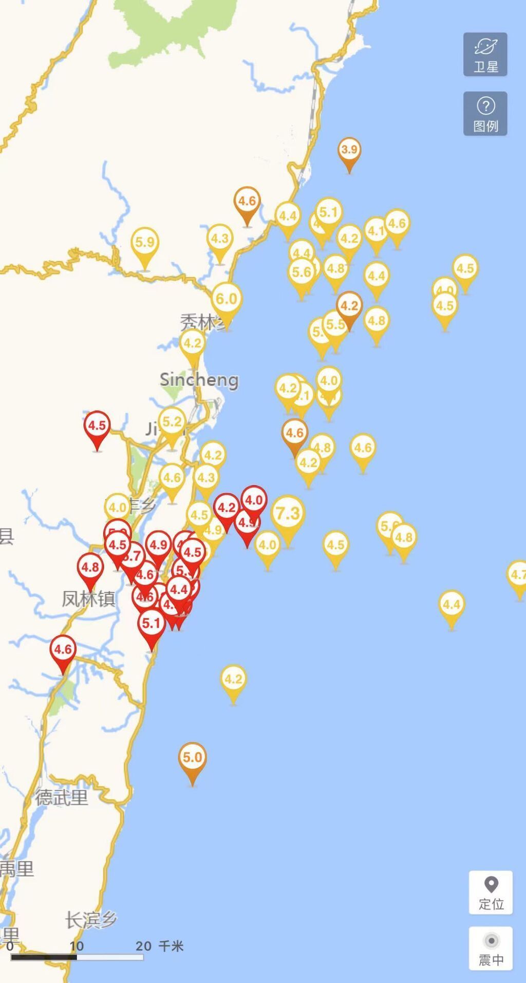 台湾花莲连发4级及以上地震26次 均为7.3级地震余震-1.jpg