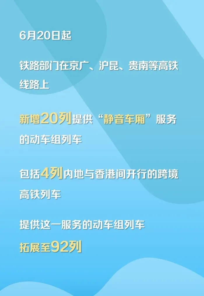 中国铁路：6月20日起“静音车厢”服务拓展至92列动车-1.png