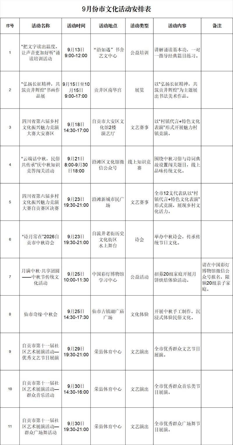 自贡市9月份文化活动安排表